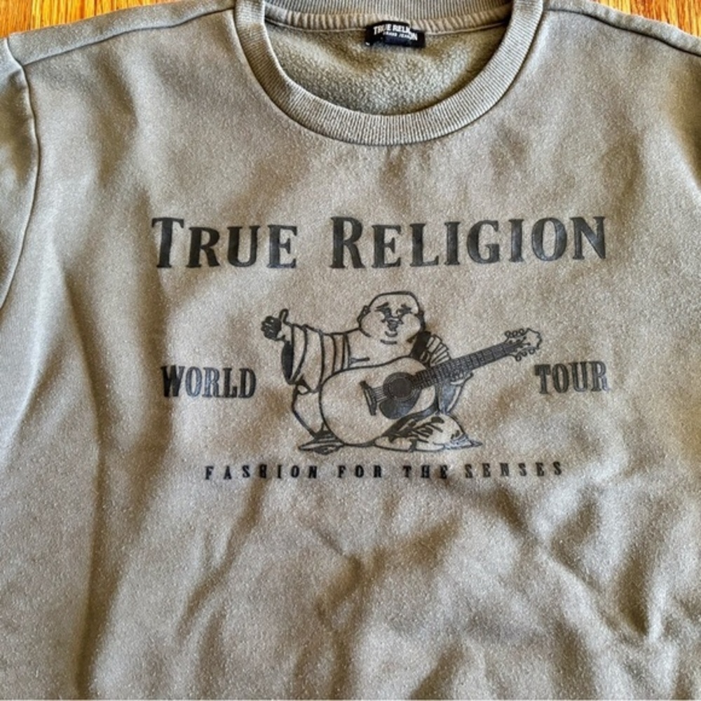 True Religion Buddha Pullover Sweatshirt - Gray with Black Graphic - Large